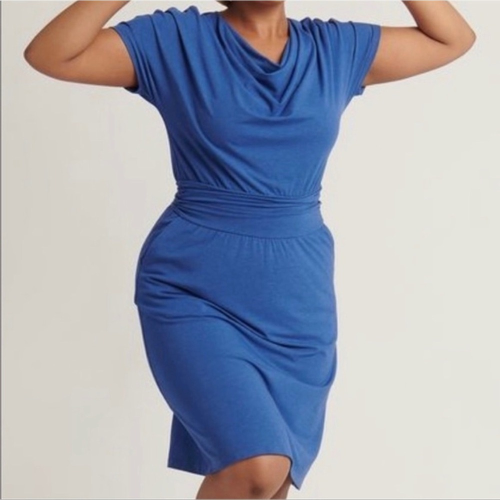 NWOT Betabrand Canopy Dress Knee‎ Length Blue Drape Neck Midi Dress Plus Size 3X